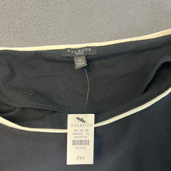 Talbots Petite Medium Black Boat Neck Top Ivory Trim Pearl Button Cuff Shirt NWI - Picture 2 of 9